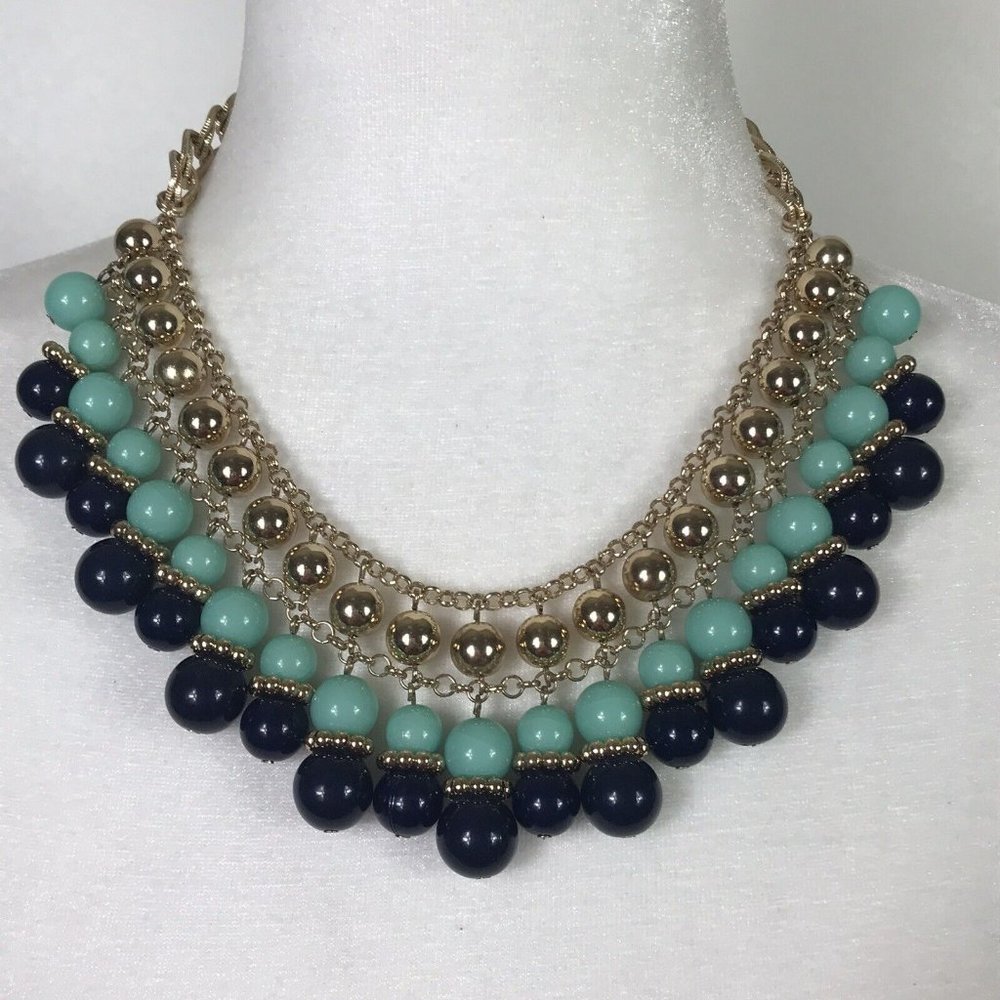 Gold Tone Blue Turquoise Statement Necklace Acrylic Beads Bib Dangle Lightweight